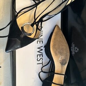 Nine West Black Pointed-Toe Lace-Up Flats with Silver Ring